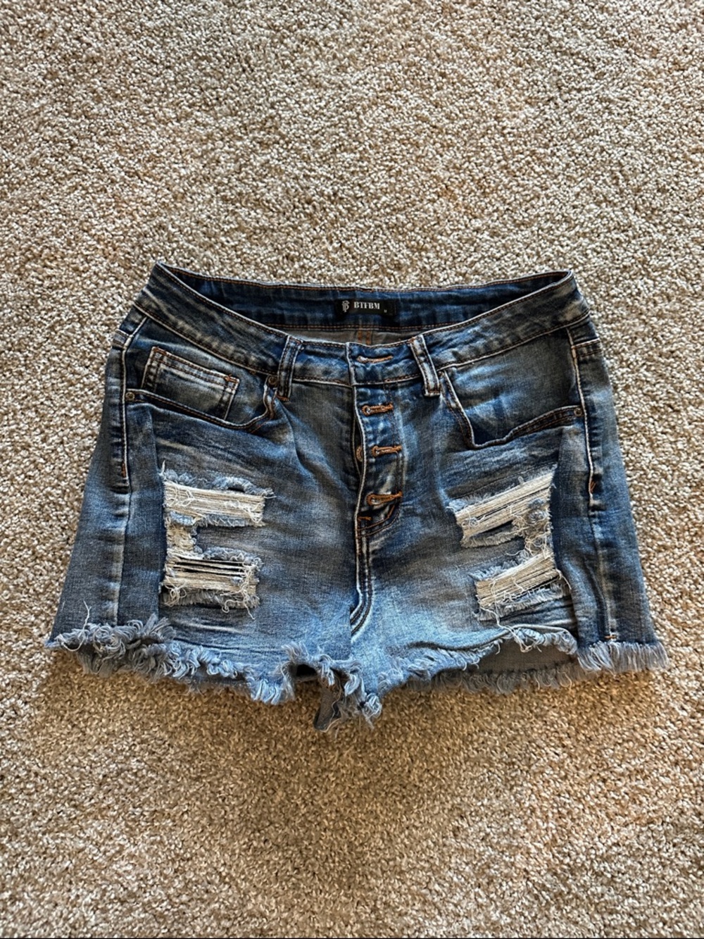 Distressed High-Rise Button-Fly Denim Shorts - Blue